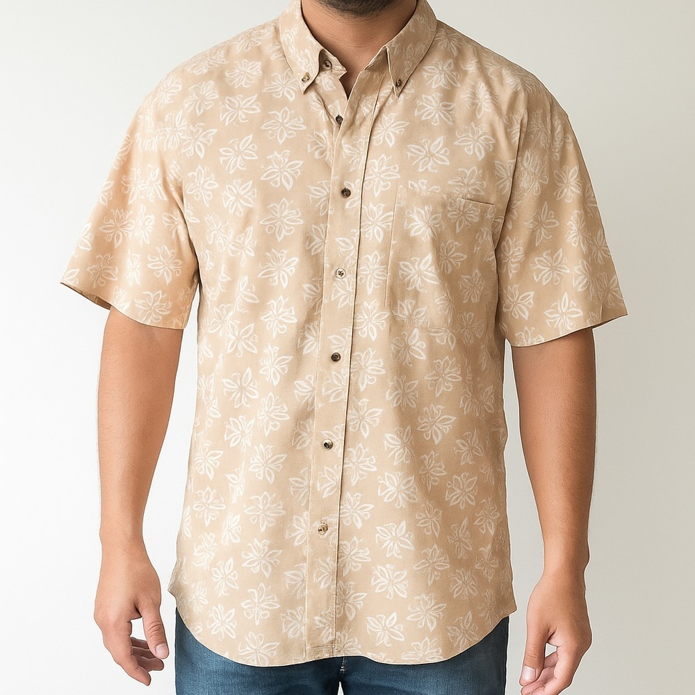 Casual Tan and White Button Down Shirt with Textured Design
